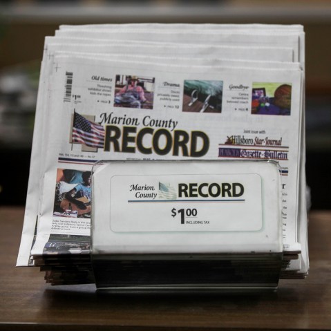 The last printed issue of the Marion County Record in the paper's office in Marion, Kan., on Aug. 13, 2023.