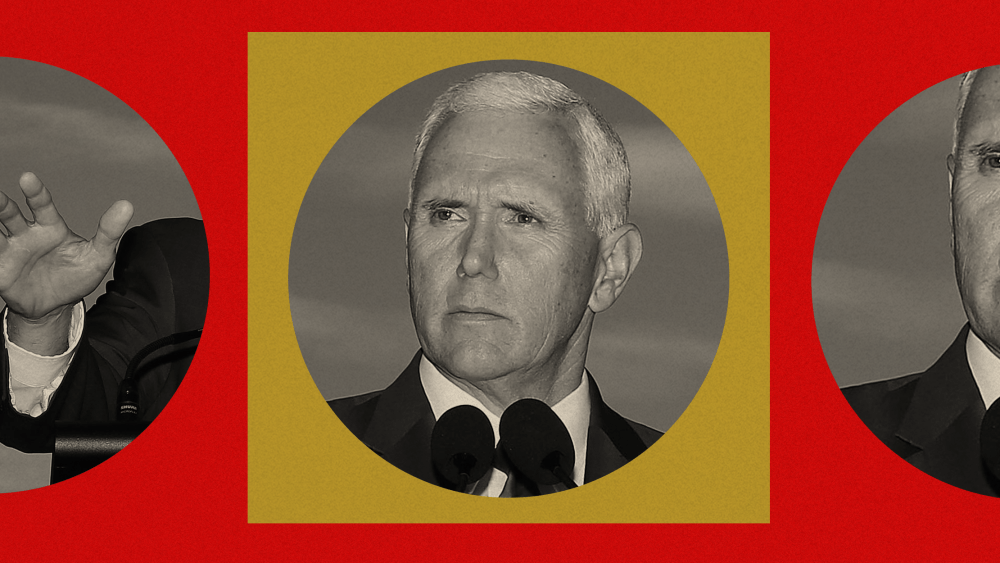 Photo illustration of Former Vice President Mike Pence speaking at a campaign event.