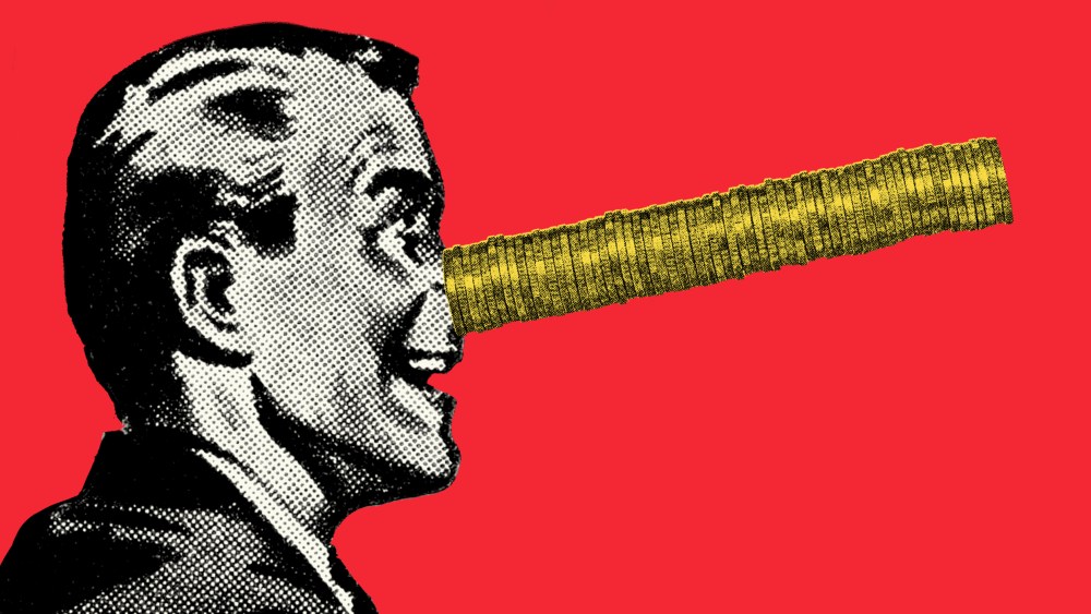 Cartoon man with a stack of gold coins for a nose against red background