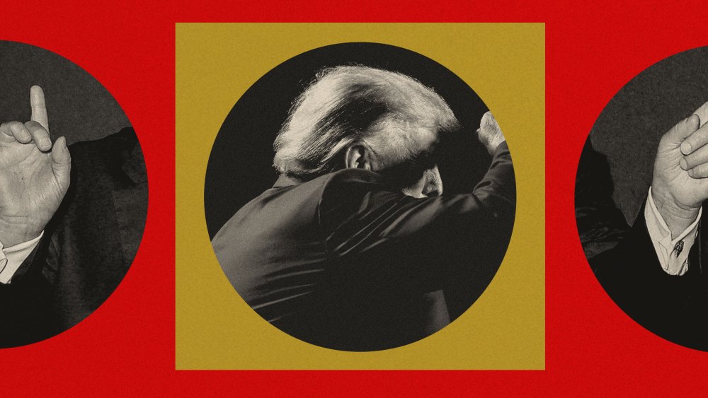3 images of Donald Trump; two of his hands and one of his side profile