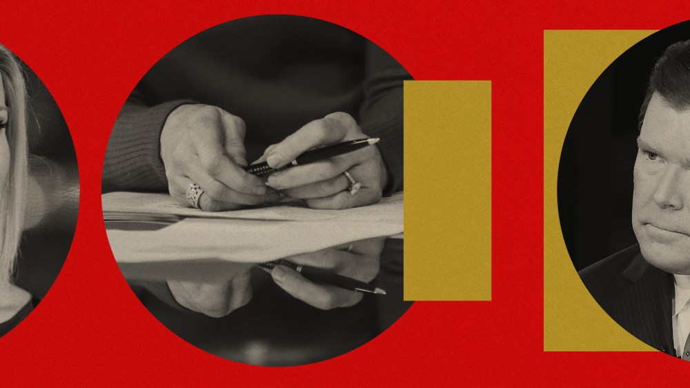 Photo illustration of Fox News debate hosts Martha McCallum and Bret Baier, and Martha McCallum's hands on her desk with papers and a pen.