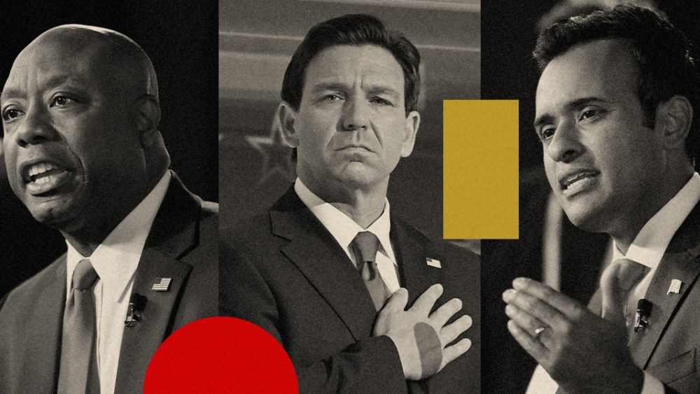 Photo illustration of Tim Scott, Ron DeSantis and Vivek Ramaswamy at the GOP Presidential debate in MIlwaukee on Aug. 23, 2023.