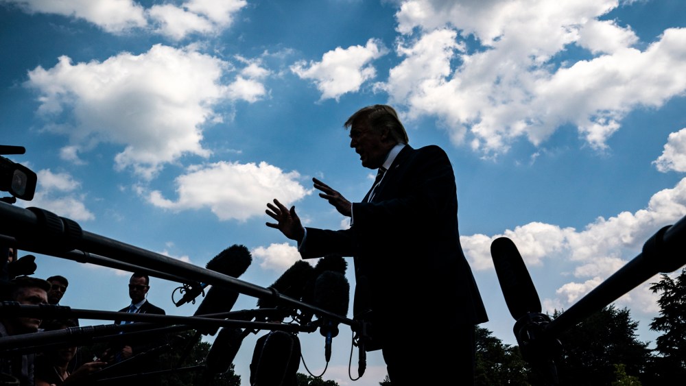 Then-President Donald J. Trump stops to talk to reporters and members of the media at the White House on July 19th, 2019.