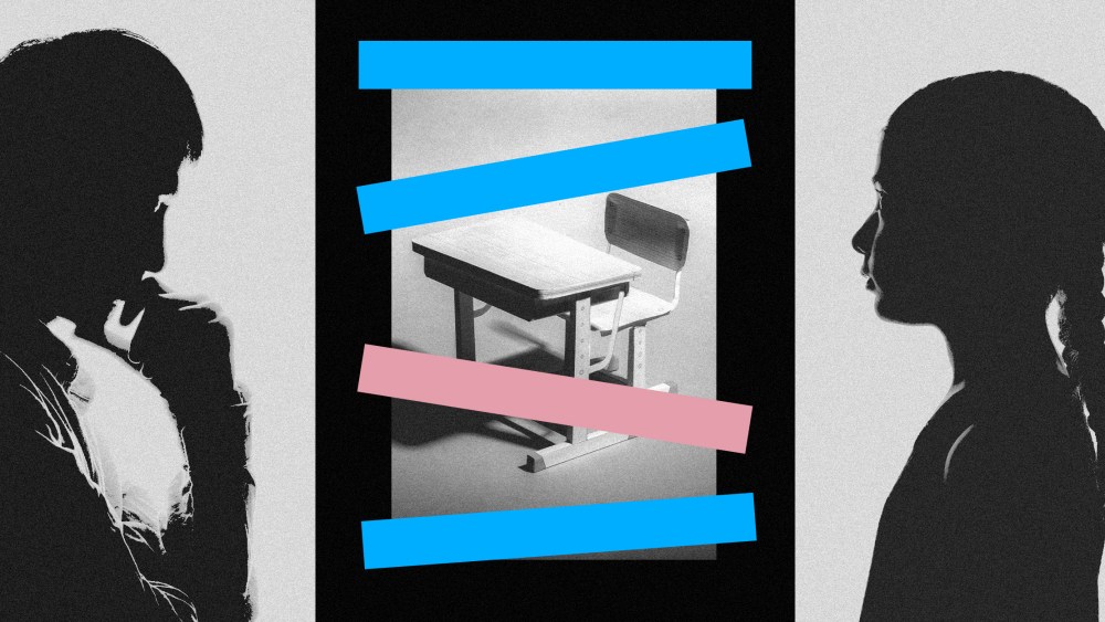 Collage of silhouette of parent, classroom desk, and young student
