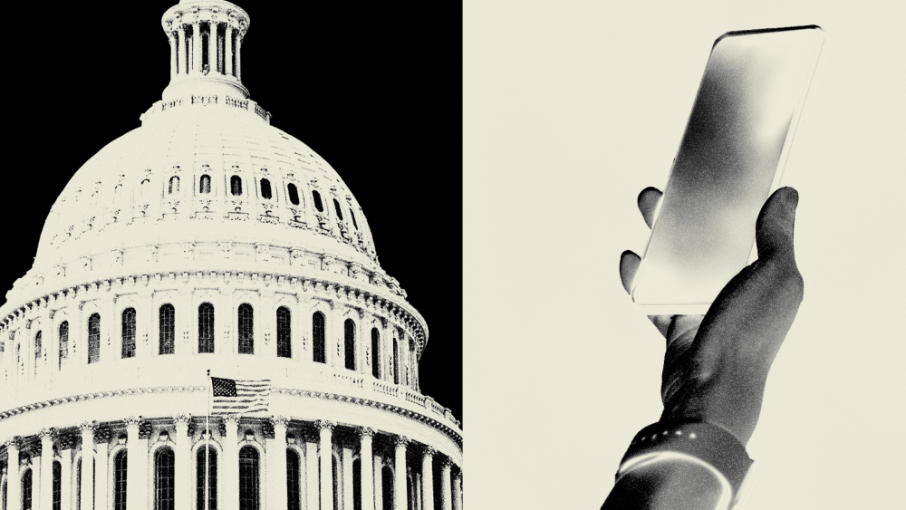 Photo Illustration: the US Capitol and a hand holding a smartphone