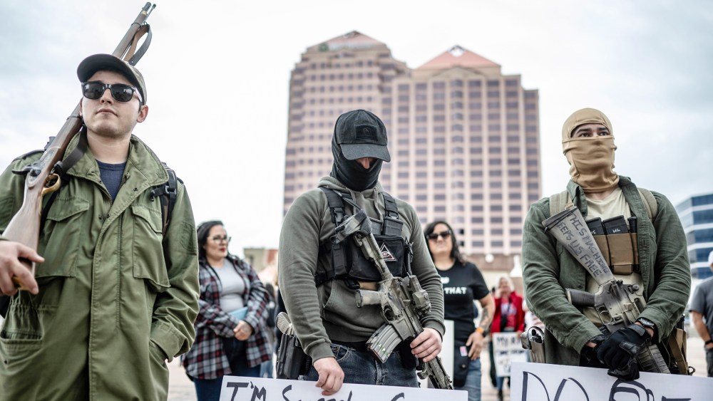 People protest Gov. Michelle Lujan Grisham's recent public health order suspending the conceal and open carry of guns in and around Albuquerque for 30 days on Sept. 12, 2023.