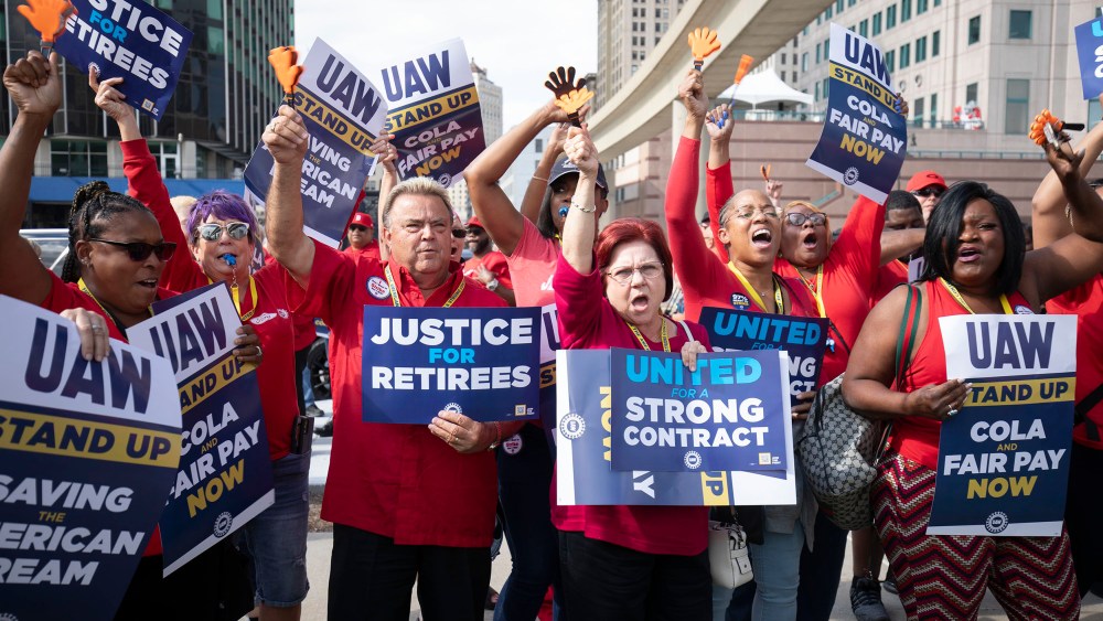 United Auto Workers members attend a solidarity rally as the UAW strikes the Big Three automakers on September 15, 2023 in Detroit, Michigan. This is the first time in history that the UAW is striking all three of the Big Three automakers, Ford, General Motors, and Stellantis, at the same time.