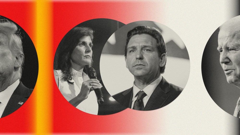 Photo illustration of Former President Donald Trump, Nikki Haley, Fla. Gov. Ron DeSantis, and President Joe Biden.