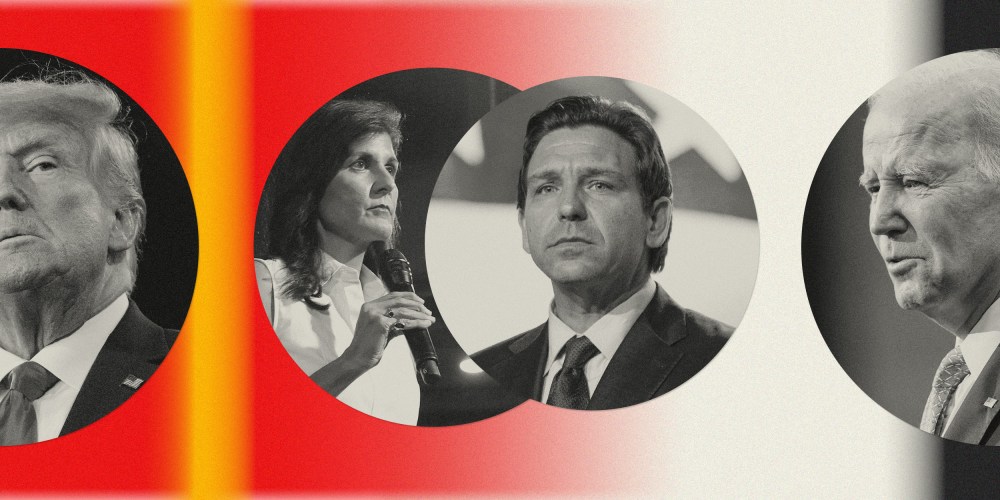 Photo illustration of Former President Donald Trump, Nikki Haley, Fla. Gov. Ron DeSantis, and President Joe Biden.