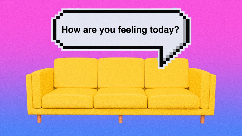 Photo illustration of a couch with an 8-bit style chat bubble that reads "how are you feeling today?"
