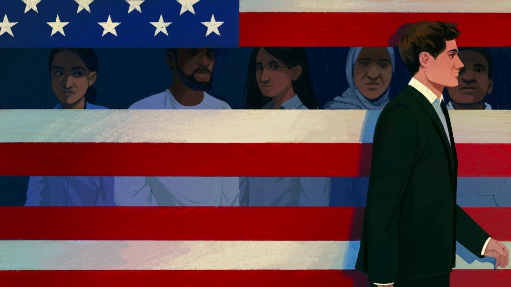 illustration of diverse Americans behind a torn American flag as a white man in a suit walks in front of them.