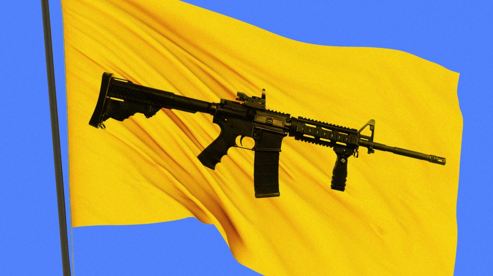 Photo illustration of an automatic assault rifle on a yellow flag.