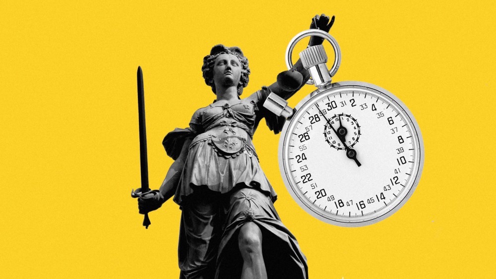 Lady Justice statue holding a giant stopwatch