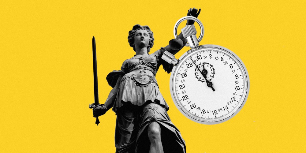 Lady Justice statue holding a giant stopwatch