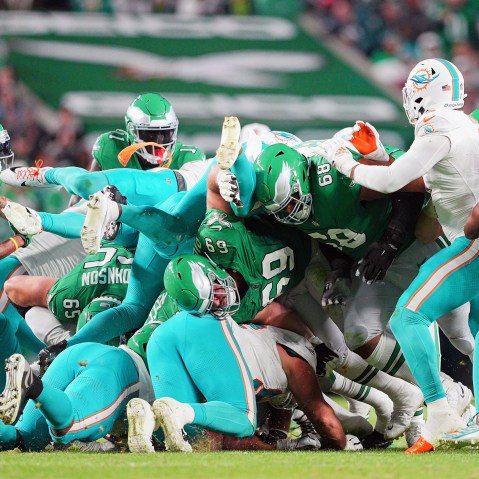 Philadelphia Eagles execute a tush push for a first down during the game against Miami Dolphins on Oct. 22, 2023.