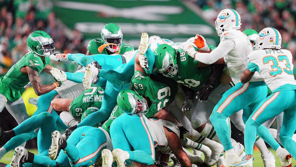 Philadelphia Eagles execute a tush push for a first down during the game against Miami Dolphins on Oct. 22, 2023.