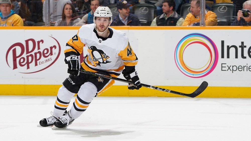Adam Johnson of the Pittsburgh Penguins during a game against the Nashville Predators in Nashville, Tenn.