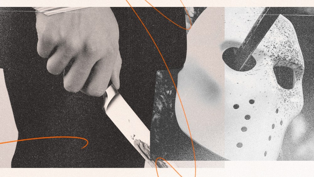Collage of man holding knife and Freddy Krueger mask
