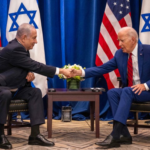 U.S. President Joe Biden shakes hands with Israeli Prime Minister Benjamin Netanyahu in New York City on Sept. 20, 2023.