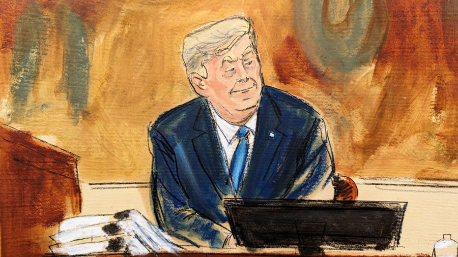 Former President Donald Trump smiles as Judge Arthur Engoron overrules his attorney's objections to the questions by the Assistant Attorney General in New York Supreme Court.