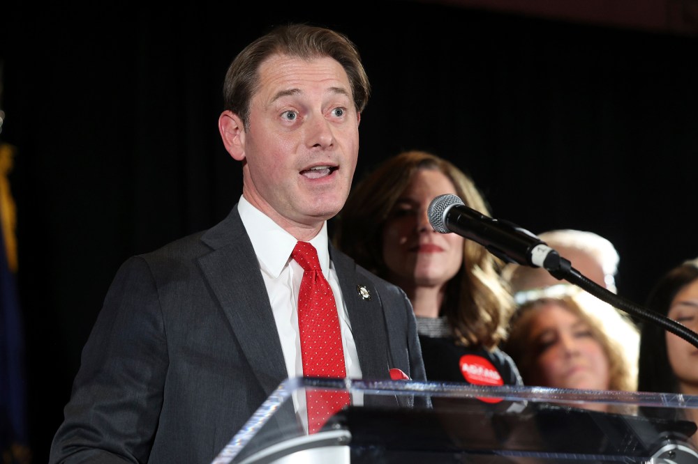 Michael Adams speaks to supporters during an election night watch party in Louisville, Ky.,