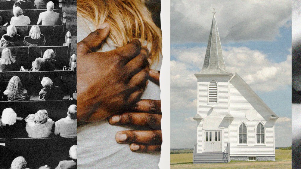 Photo Illustration: Religious imagery interspersed with people hugging and an open mouth