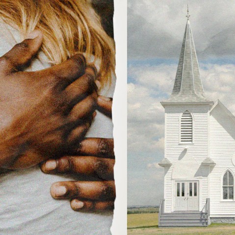Photo Illustration: Religious imagery interspersed with people hugging and an open mouth