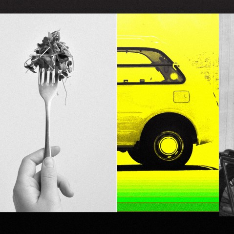 Collage of hamburger, fork with microgreens, car, and person on bicycle