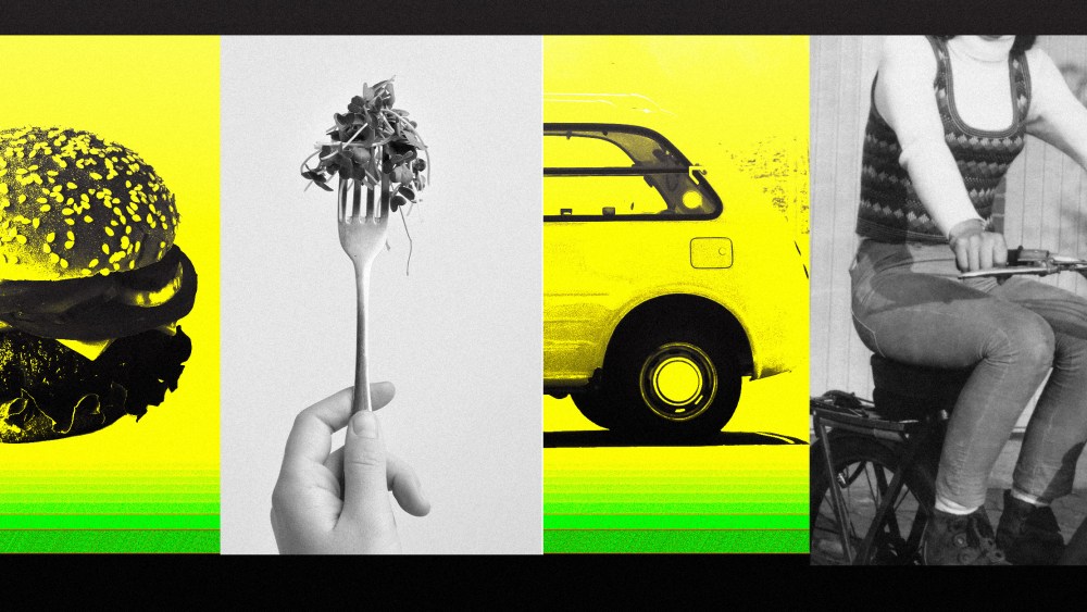 Collage of hamburger, fork with microgreens, car, and person on bicycle