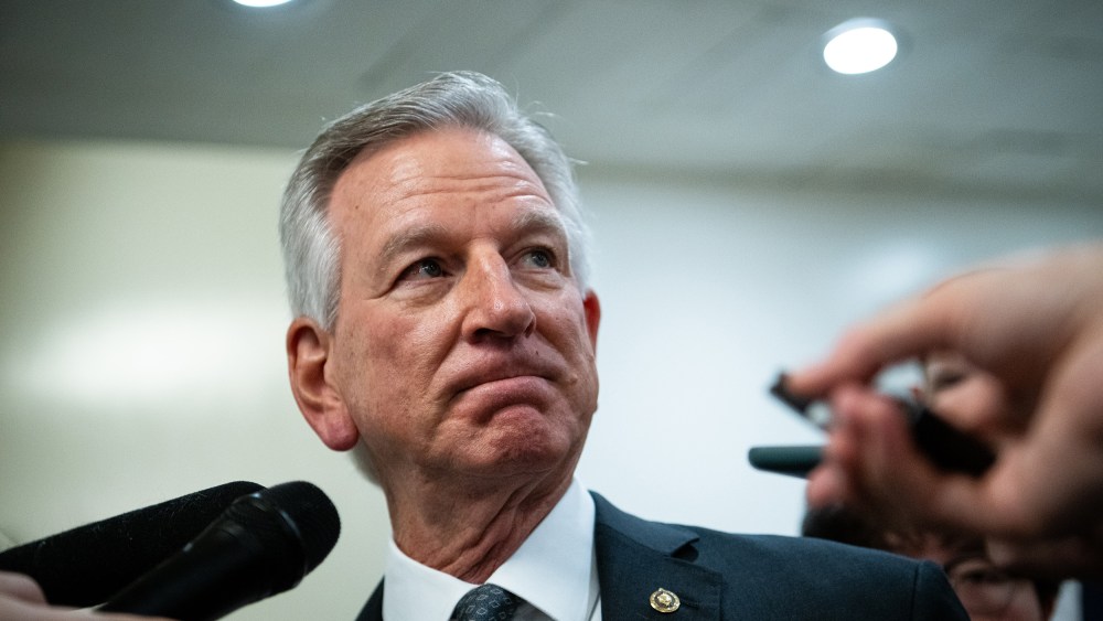 Sen. Tommy Tuberville, R-Ala., speaks to reporters at the US Capitol