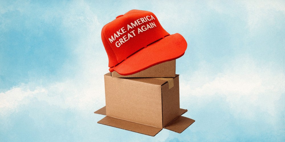 Photo illustration of MAGA hat on top of shipping boxes