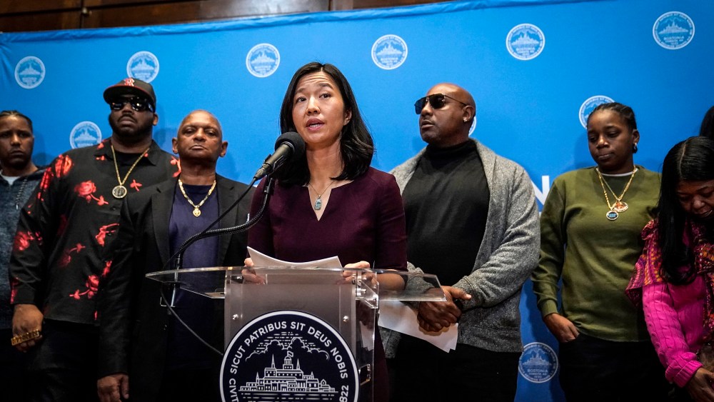 Image: Boston Mayor Michelle Wu issues a formal apology to Alan Swanson and Willie Bennett,