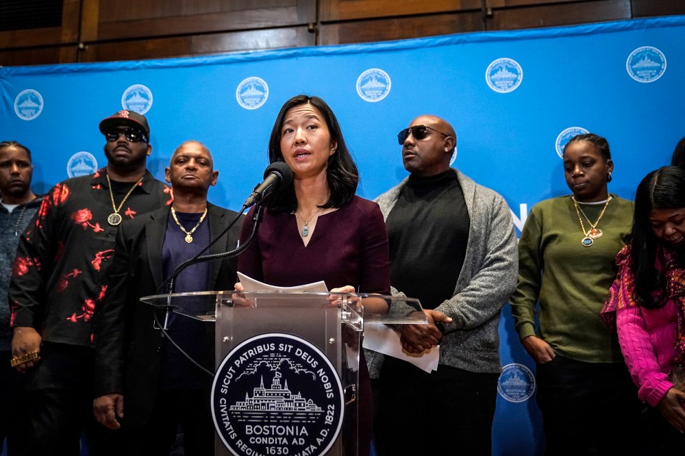 Image: Boston Mayor Michelle Wu issues a formal apology to Alan Swanson and Willie Bennett,