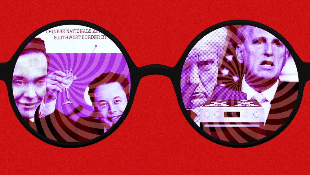 Glasses with swirls over images of George Santos, Trump, Kevin McCarthy, Elon Musk, and an Oven