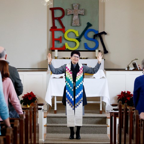 Cynthia Good, Pastor at Calvary United Methodist Church in Arlington, Mass., speaks to her congegration.
