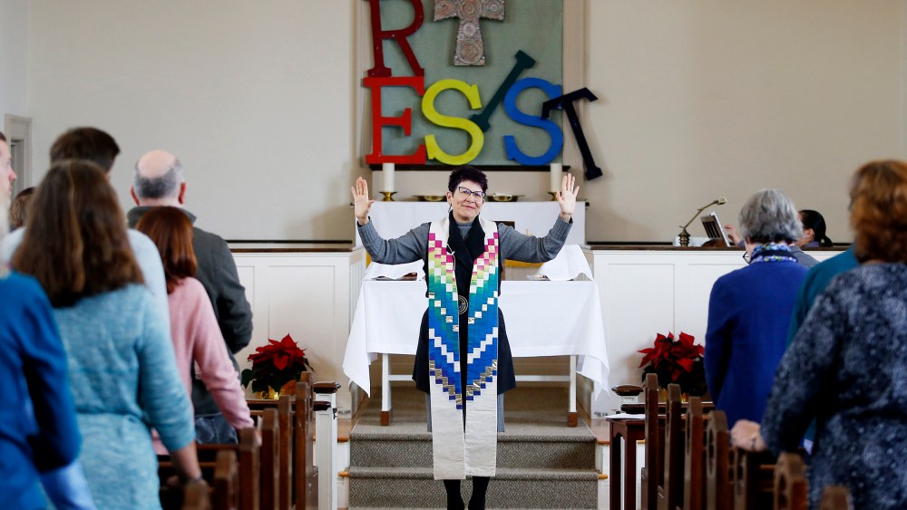 Cynthia Good, Pastor at Calvary United Methodist Church in Arlington, Mass., speaks to her congegration.