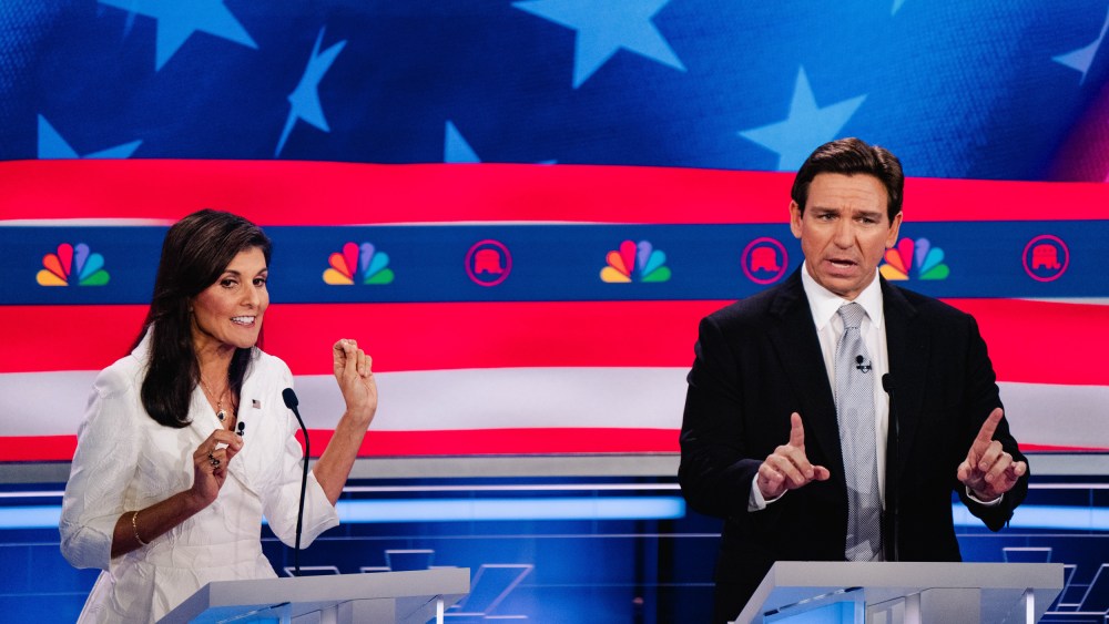Republican presidential candidates Nikki Haley and Florida Gov. Ron DeSantis at the GOP debate in Miami on Nov. 8, 2023.