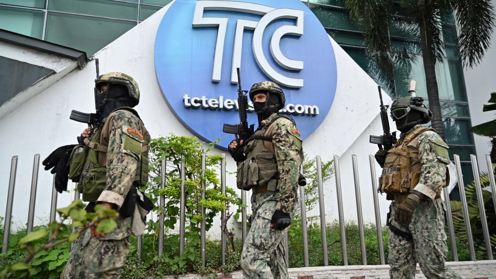 Ecuadorean soldiers patrol outside the premises of Ecuador's TC television channel in Guayaquil, Ecuador