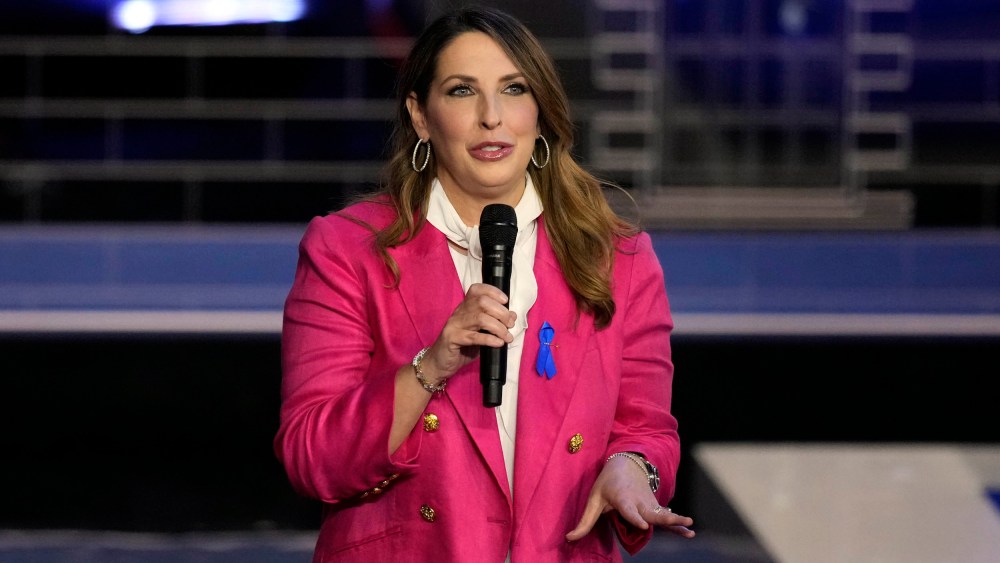 Republican National Committee chair Ronna McDaniel speaks before a Republican presidential primary debate hosted by NBC News on Nov. 8, 2023 in Miami.