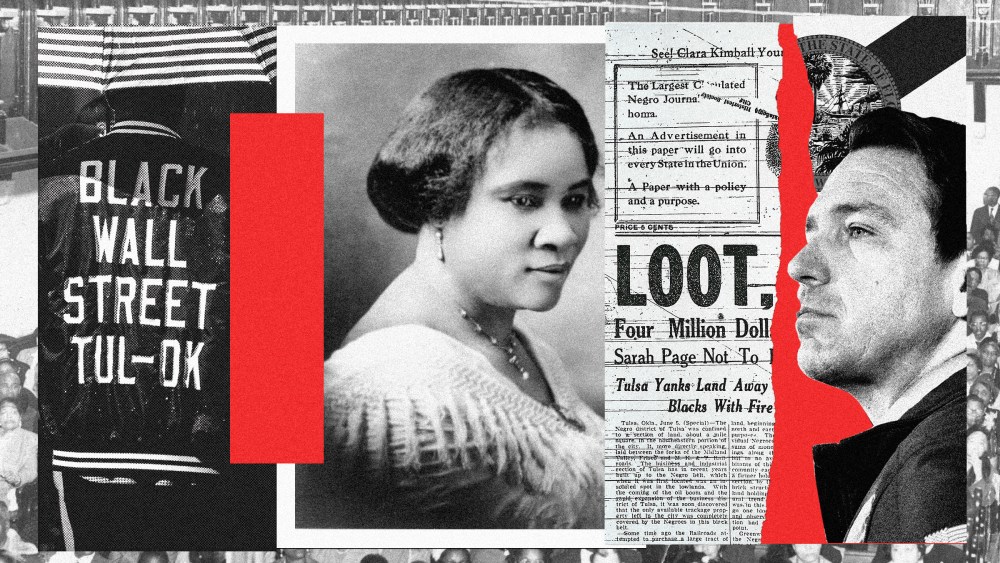 Photo collage that features notable moments in Black History, a photo of Madam CJ Walker, and Ron DeSantis