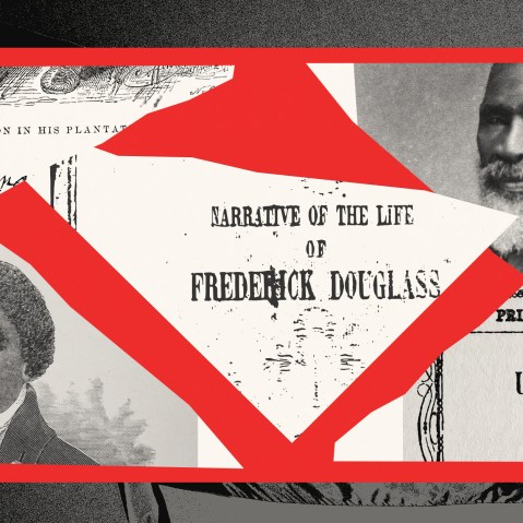 Photo collage of excerpts of various slave memoirs and figures