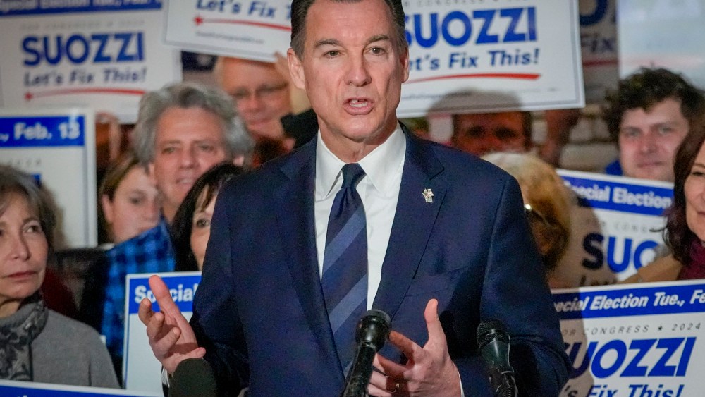 Former U.S. Rep. Tom Suozzi speaks during a campaign canvass kick off event on Feb. 11, 2024, in Plainview, N.Y.