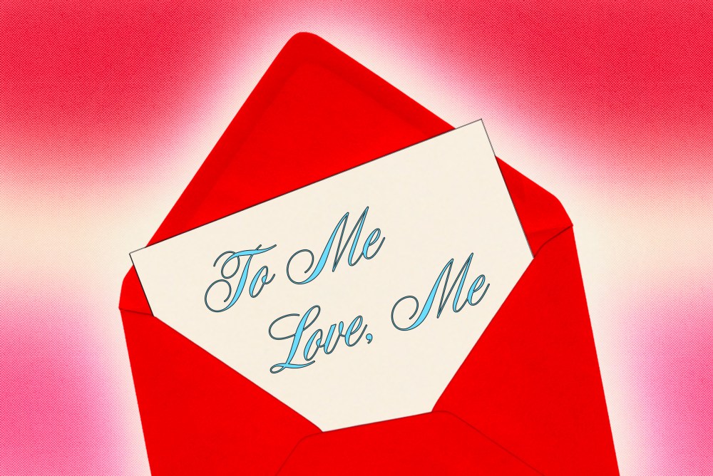 Photo Illustration: A card that says "To Me / Love, Me"
