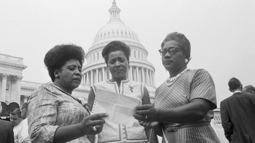 Members of the Mississippi Freedom Democratic Party and contestants for the state's five seats, Fannie Lou Hamer, Victoria Gray, and Annie Devine. They hold a telegram from then Speaker John McCormick granting them permission to take seats on the House of Representatives floor during the debate to affirm seating of its Mississippi members on Aug. 17, 1965.