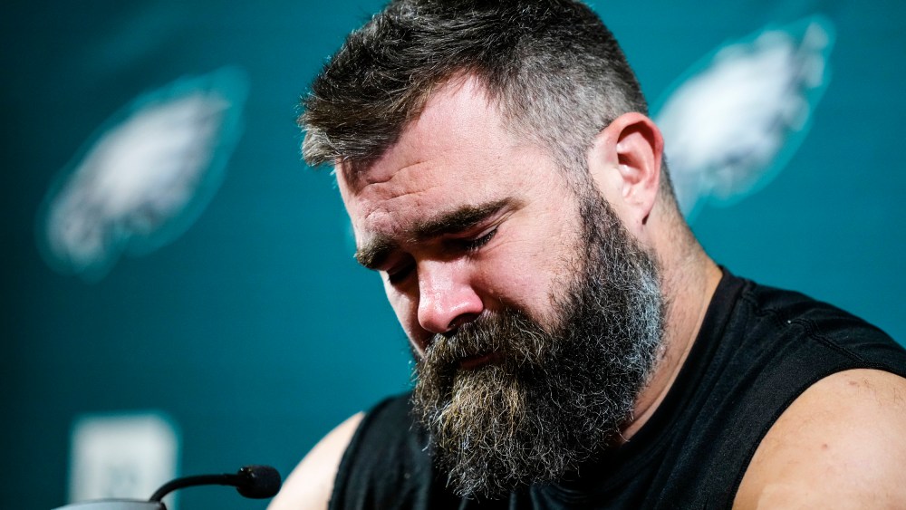 Image: Philadelphia Eagles' Jason Kelce speaks during a press conference announcing his retirement