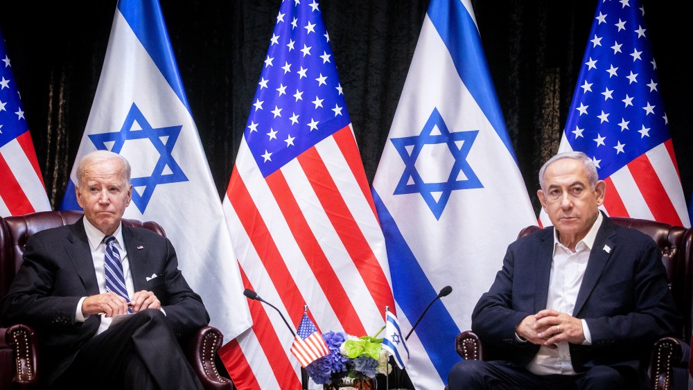 President Joe Biden sits with Israeli Prime Minister Benjamin.