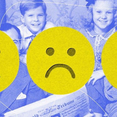 Photo illustration of "sad face" stickers covering archival photo of typical American family