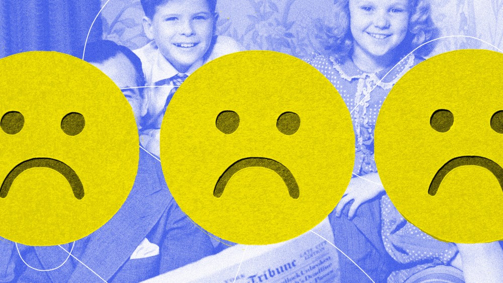 Photo illustration of "sad face" stickers covering archival photo of typical American family