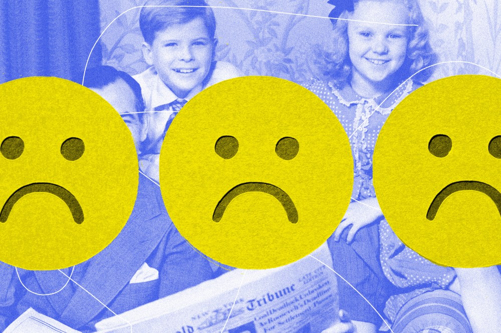 Photo illustration of "sad face" stickers covering archival photo of typical American family