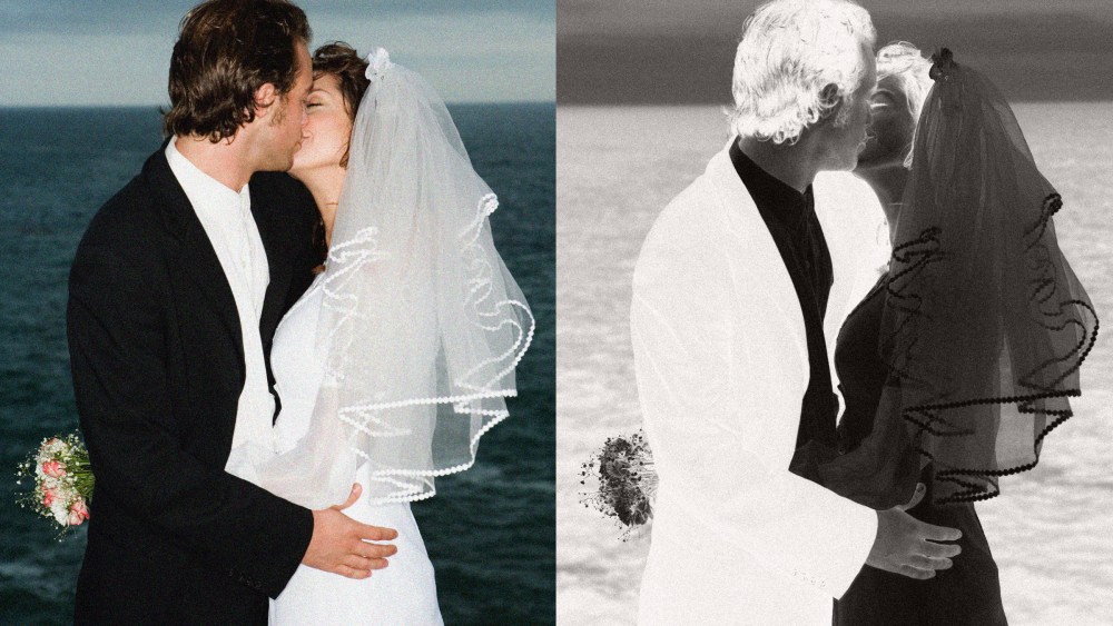 A bride and groom kissing